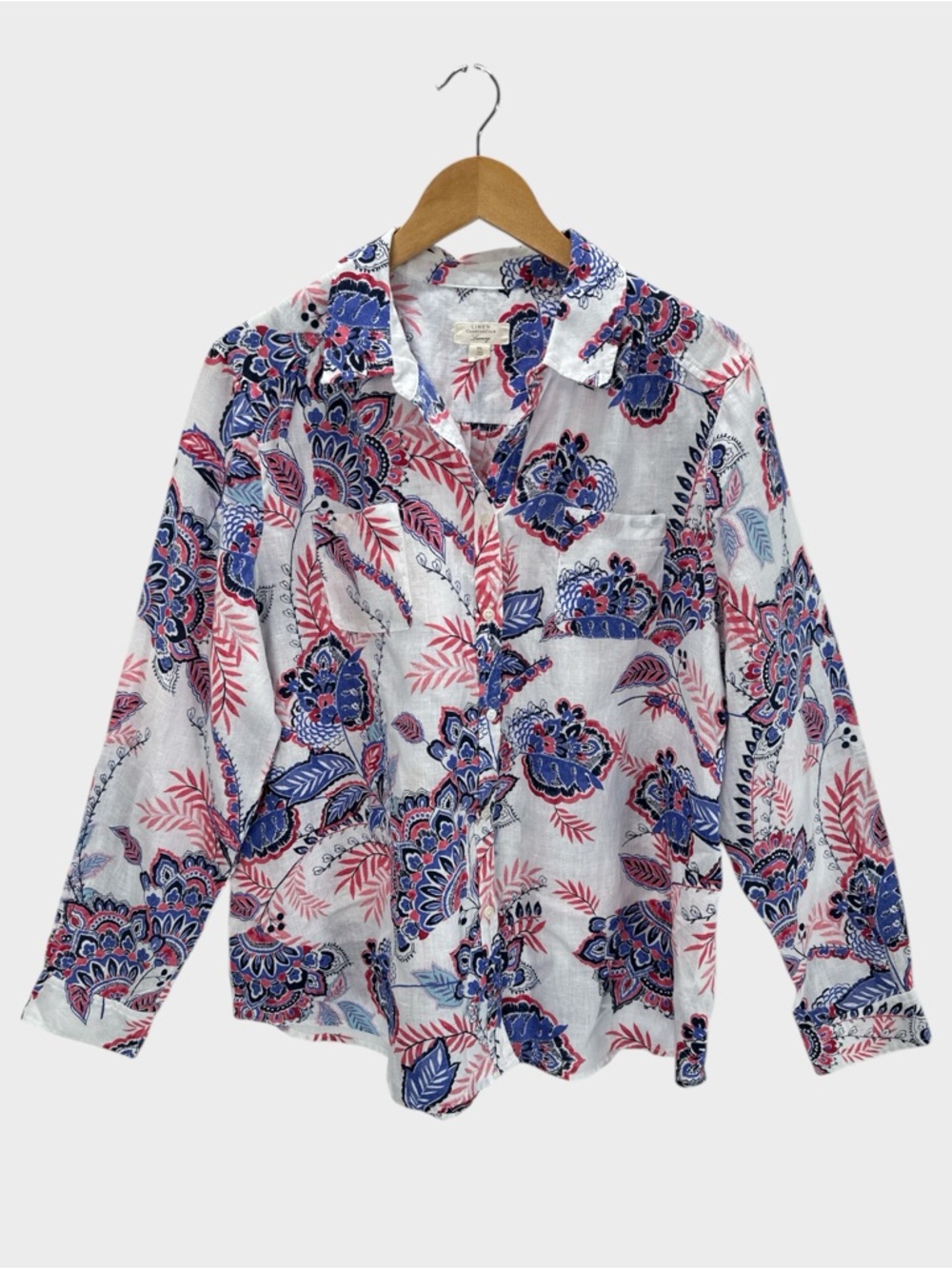 Charter Club Linen Floral Button Front Shirt Roll Tab Sleeve Coastal Vacation XL